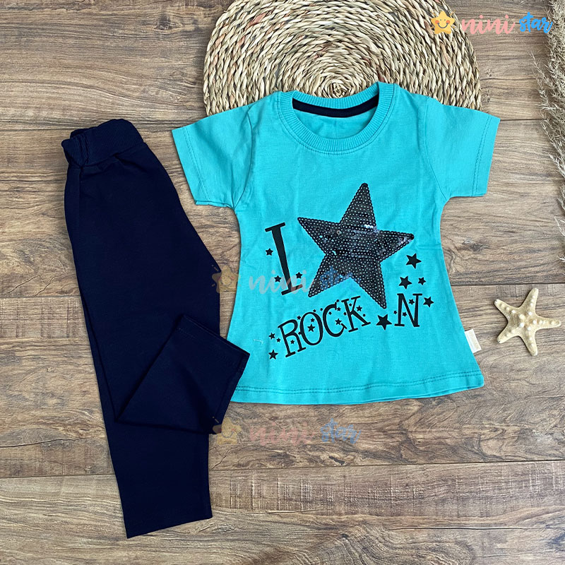 تی شرت و ساپورت دخترانه طرح ستاره سبز آبی 1 - ninistar.com