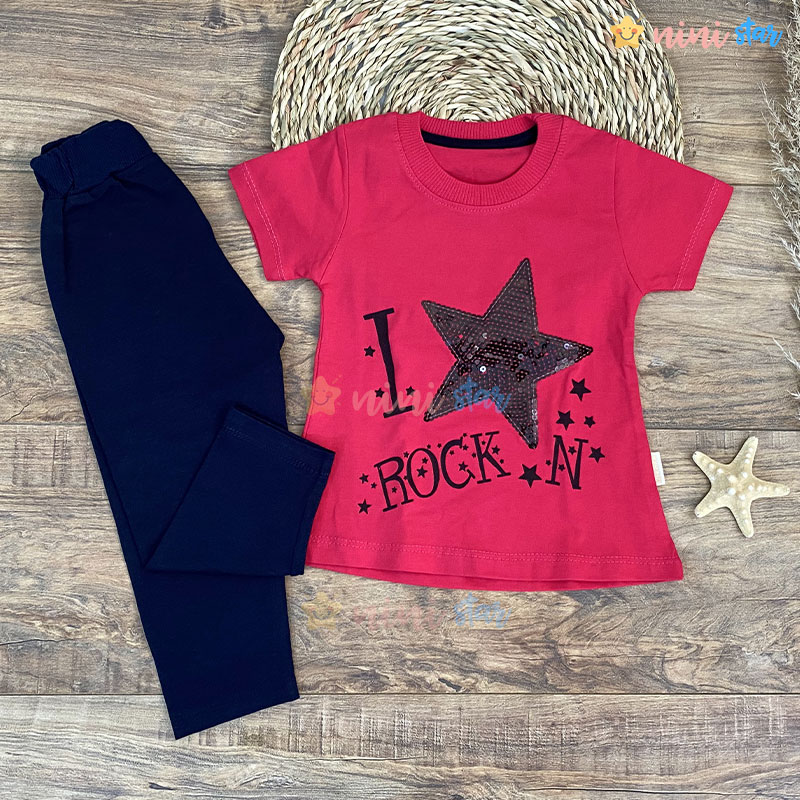 تی شرت و ساپورت دخترانه طرح ستاره سرخ آبی 1 - ninistar.com