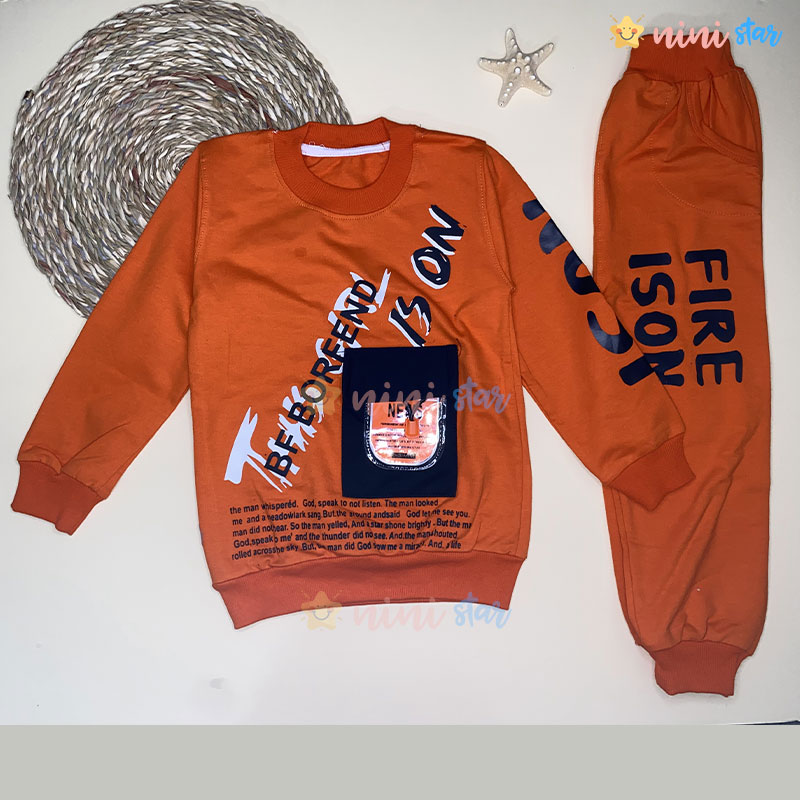ست بلوز و شلوار پسرانه مدل FIRE IS ON نارنجی 1 - نی نی استار فروشگاه لباس کودک
