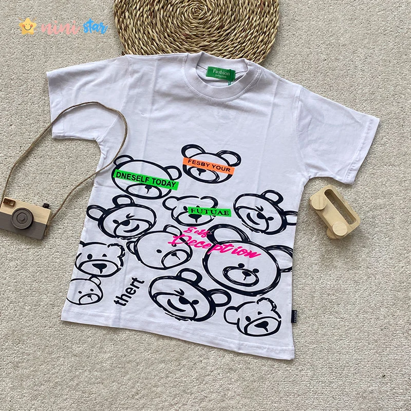 تیشرت تک پنبه اسپرت طرح تدی سفید - نی نی استار