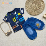 تیشرت شلوارک جین پسرانه مدل حروف 1 تا 8 سال سرمه ای - نی نی استار