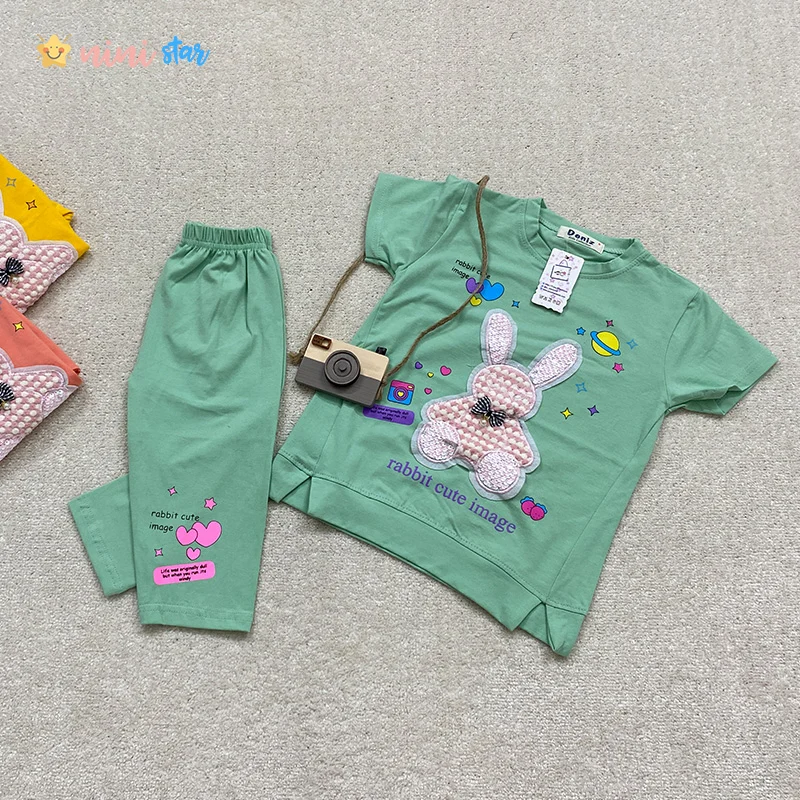 تیشرت شلوارک دخترانه DENIZ خرگوش پولکی سبز - نی نی استار