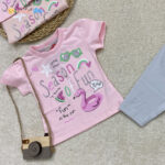 تیشرت شلوارک دخترانه پنبه طرح فلامینگو 2 - نی نی استار