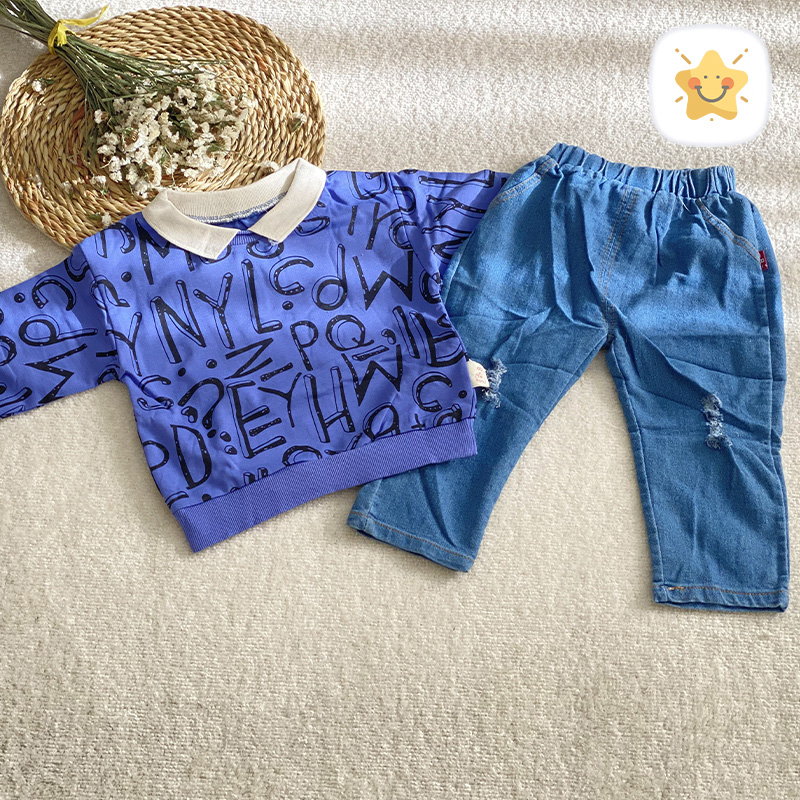 بلوز شلوار جین پسرانه یقه دار وارداتی - نی نی استار