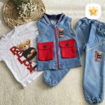 3 تکه تیشرت جلیقه و شلوار جین پسرانه برند zizi کیفیت عالی قرمز - نی نی استار