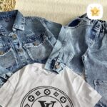 3 تکه کت شلوار جین دخترانه طرح LV نگین دار 4 تا 11 سال 2 - نی نی استار