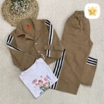 3 تکه کت شلوار کتان دخترانه قواره بزرگ کیفیت و تن خور استثنایی شکلاتی - نی نی استار