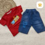 تیشرت شلوارک دخترانه جین خرسی برند VENIZ مناسب 1 تا 6 سال قرمز - نی نی استار