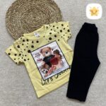 تیشرت و ساپورت دخترانه پنبه مدل دختر و خرس توپی 1 تا 4 سال زرد - نی نی استار