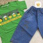 ست 2 تکه تیشرت شلوارک پسرانه جین برند VENIZصورتک مناسب 2 تا 6 سال سبز