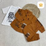 ست 3 تکه پیراهن و تیشرت و شلوار پسرانه کتان آجری - نی نی استار