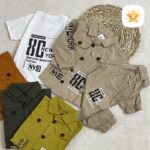 ست 3 تکه پیراهن و تیشرت و شلوار پسرانه کتان کرم - نی نی استار