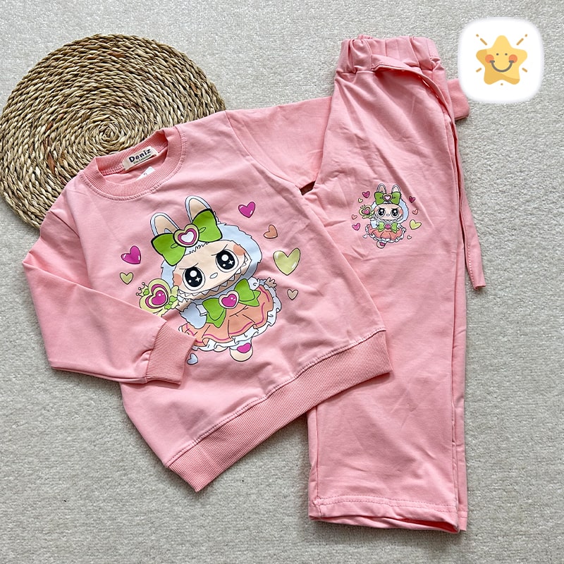 بلوز شلوار دخترانه بگ جنس پنبه عالی لبوبو برند DENIZ مناسب 4 تا 8 سال صورتی روشن - نی نی استار