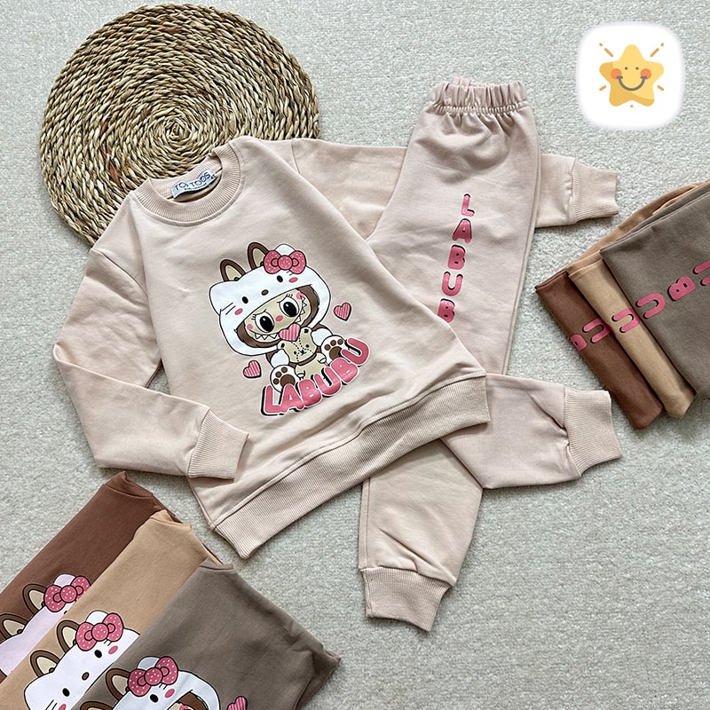 بلوز شلوار دخترانه جنس پنبه مدل لبوبو TT مناسب 4 تا 8 سال کرم - نی نی استار