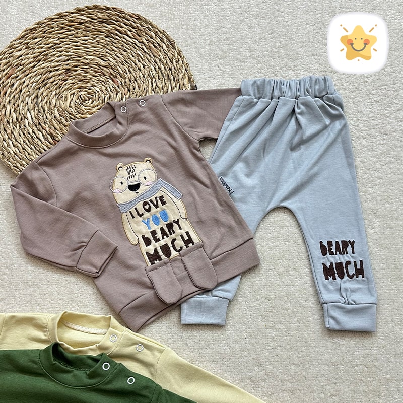 بلوز شلوار نوزادی مدل خرس عینکی کد 0323 - خاکی نی نی استار