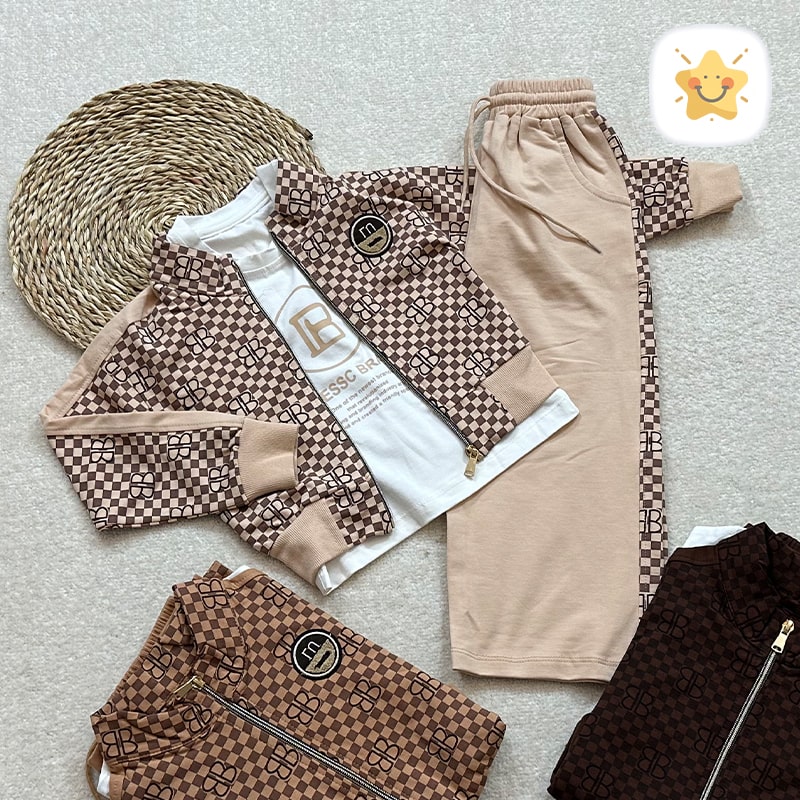 ست 3 تکه سوئیشرت و تیشرت و شلوار دخترانه جنس عالی مناسب 2 تا 6 سال کرم - نی نی استار