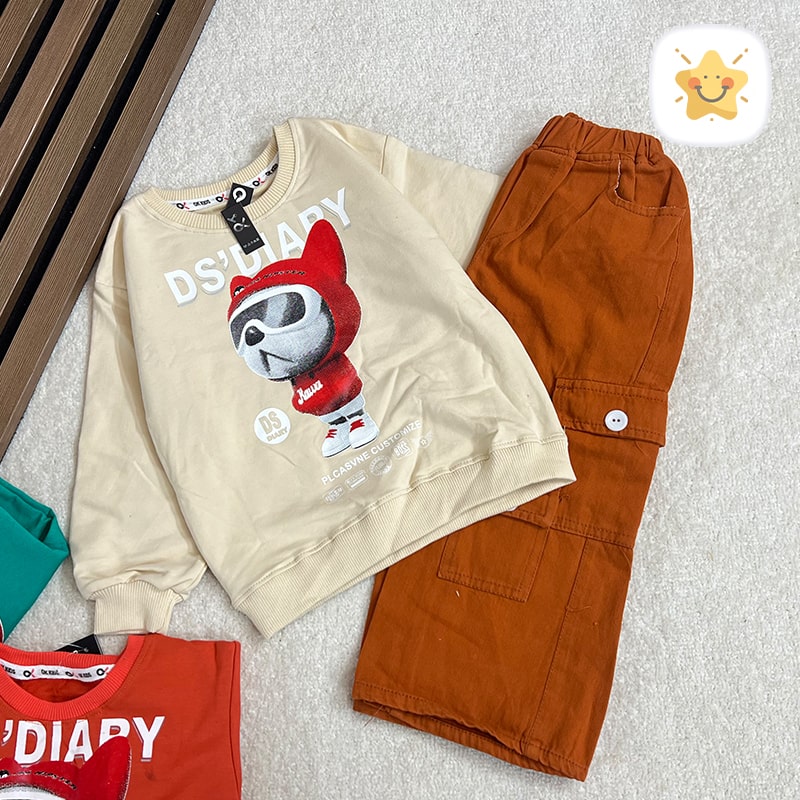 بلوز شلوار بگ کتان ( دختر و پسر ) جنس عالی برند ok خرس عینکی مناسب 1 تا 2 سال کرم - نی نی استار