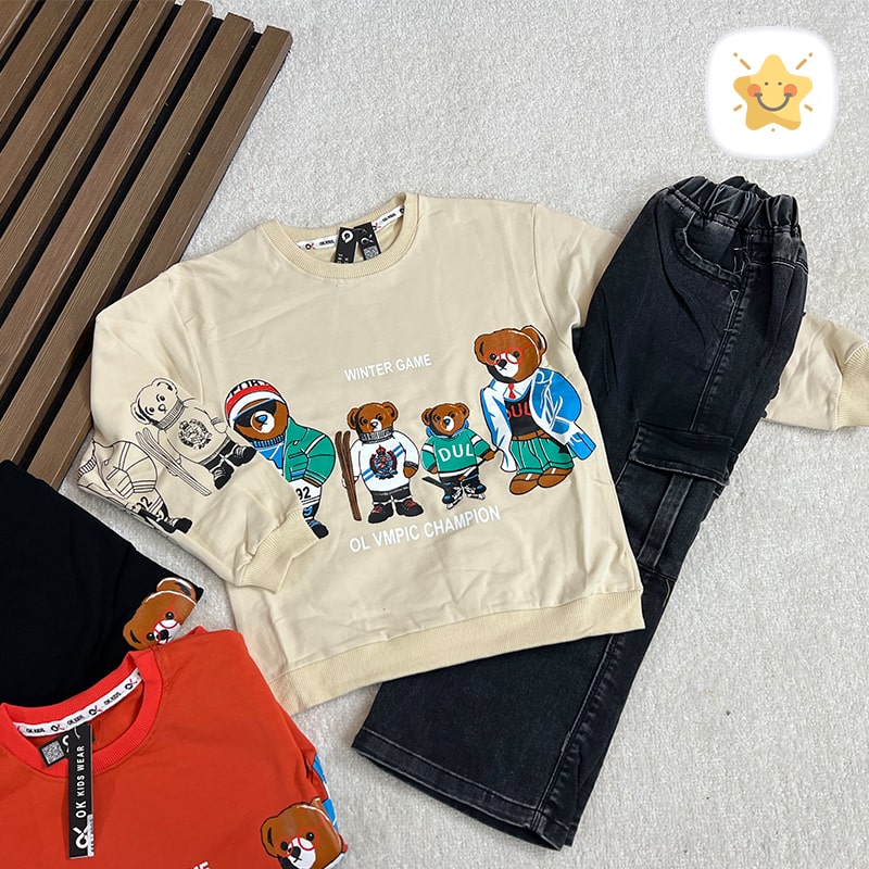 بلوز شلوار جین پسرانه مدل 3 خرس برند OK مناسب 8 تا 10 سال کرم - نی نی استار