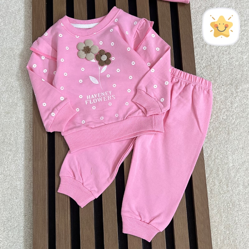 بلوز شلوار نوزادی دخترانه برند HONEY جنس پنبه صورتی و گل مناسب 9 ماه تا 2 سال- نی نی استار