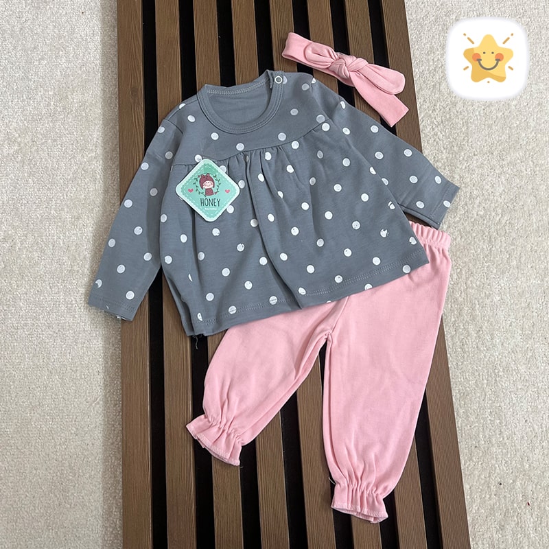 ست 3 تکه هدبند + بلوز و شلوار نوزادی دخترانه جنس پنبه برند HONEY - نی نی استار