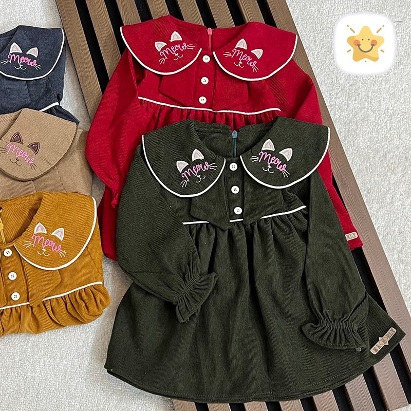 پیراهن دخترانه مخمل کبریتی مدل MEOW MEOW برند MANELY - نی نی استار