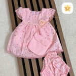 پیراهن دخترانه نوزادی خامه دوزی ست 3 تکه کیف و شورت 2 - نی نی استار