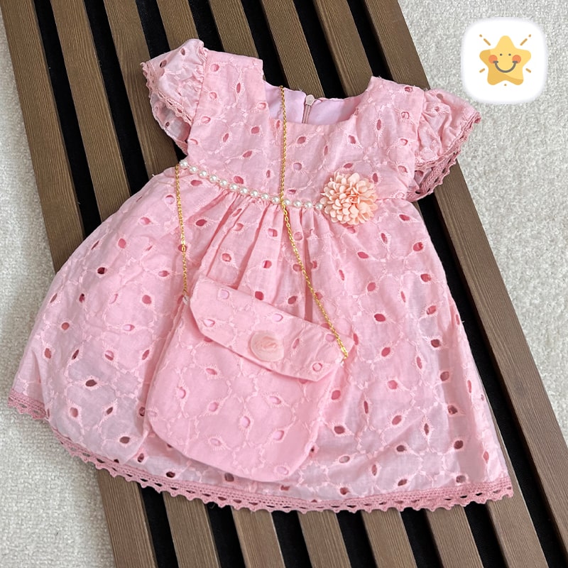 پیراهن دخترانه نوزادی خامه دوزی ست 3 تکه کیف و شورت 2 - نی نی استار