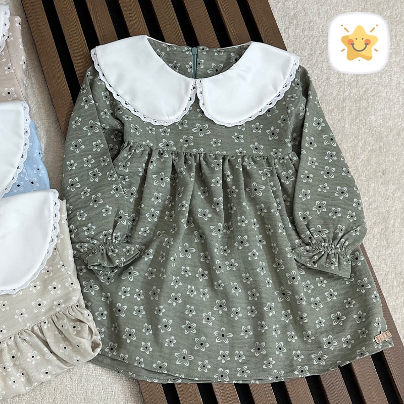 پیراهن دخترانه گل دار یقه ب برند MANELY سبز - نی نی استار